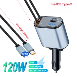 4-in-1 Car Charger with 2 Retractable Cable 120W Fast Charger Power Adapter Car Charger With Starlight For IOS Android Phones