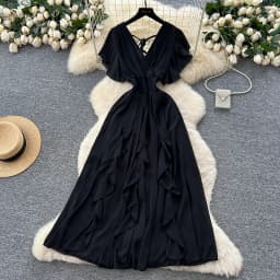 Elegant Criss-Cross chiffon short sleeve Vintage Chic Slim Ball Gown Dresses French Evening High Street Clothing