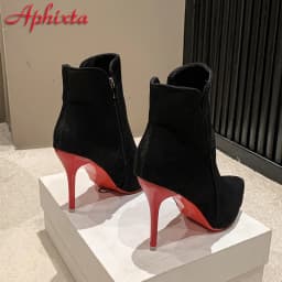 Aphixta 10cm Stilettos Winter Red Heels Zip Warm Black Ankle Boots Women Flock Footwear Shoes Women Super Big Size 47 48 49 50