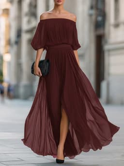 Spring Summer Off Shoulder High Waist Long Dress Casual Short Sleeved Holiday Dress Ladies Temperament Solid Color Chiffon Dress