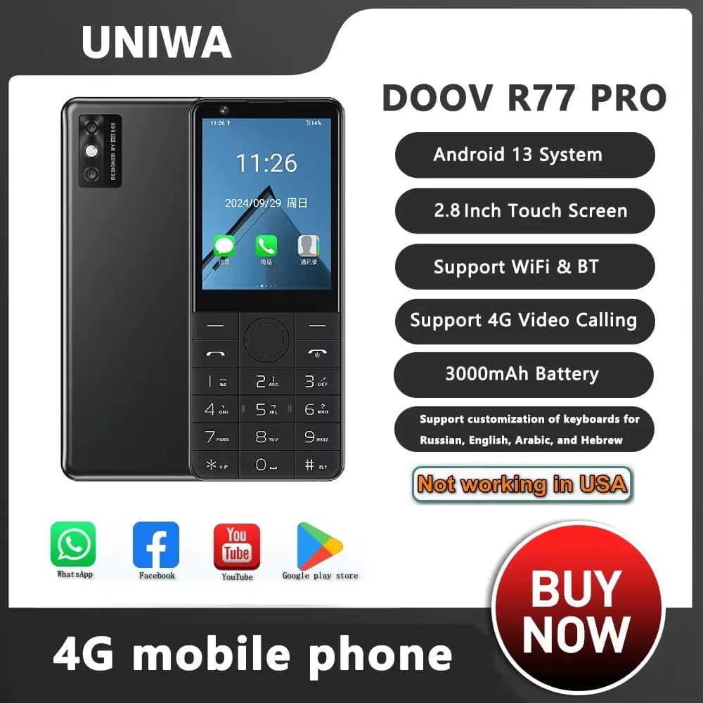 DOOV R77 Pro 4G Touch Screen Keypad Smartphone with 5MP Camera 2.8 Inch 3GB+32GB 2120mAh Whatsapp Hebrew Keyboard Mobile Phone