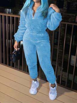 Women Two Pieces Pant Sets Fuzzy Solid Matching Set Long Sleeves Coat Elastic Waist Straight Pants Slim Fit Casual 2026 Autumn