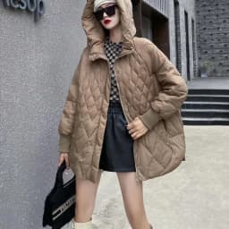 White Duck down Puffer Jacket Women's Hooded Loose Fit Art Deco Large Size Mid-Length Coat Diamond Pattern Commute Style