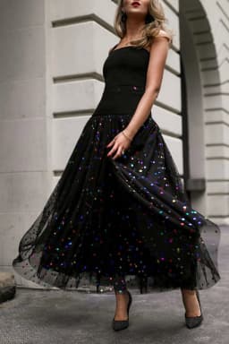 Elegant Women Mesh Skirts Sequin A Line Elasticity High Waist Pleated Skirt Spring Summer Ankle Length Party Long Skirt