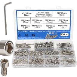 600pcs Stainless Steel Hex Socket Head Nuts and Bolts Set - M3, M4, M5, M6 Cup Head Hex Socket Heads - Includes Flat Washers