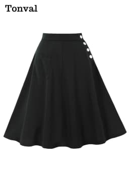 Tonval One Pocket Front Buttons Side Swing Skirt 2025 Vintage Clothes for Women Green Elegant Plain Skirts