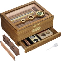 Cigar Humidor,Cedar Wood Cigars Case with Digital Hygrometer Humidifier,Measuring Scale & Drawer,Glass Top Desktop Humidor Gifts