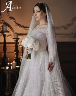 Vintage Customized Sparkly Beads Tulle Long Formal Wedding Dresses A Line Square Neck Dubai Long Sleeves 2025 Detachable Sleeves