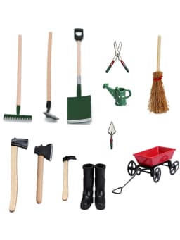 1Set 1:12 Dollhouse Miniature Farm Tool Ax Shovel Pull Cart Broom Boots Watering Can Garden Decor Toy Doll House Accessories