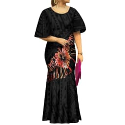 2022 New Samoan Puletasi Set Monstera Leaf Print Bat Sleeve Ptaha Blue Polynesian Top Maxi Fishtail Skirt Womens 2 Piece Set