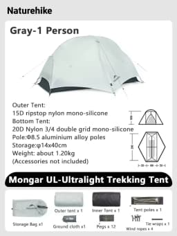 Naturehike Mongar UL Ultralight Backpacking Tent 15D Nylon Waterproof Hiking Tent 1/2 Person Riding Travel Trekking Shelter Tent