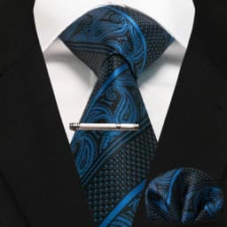 JEMYGINS Business Tie for Men Silk Navy Blue Tie Striped Paisley Necktie Handkerchief Tie Clips Set for Wedding Party Gift