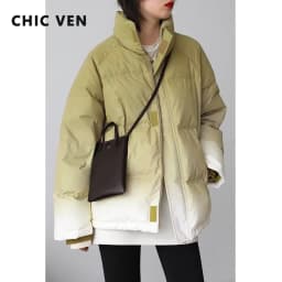CHIC VEN Women's Down Coat Reflective Gradient Thickened Women Bread Coats 90 White Duck Down Jacket Warm Overcoat Winter 2024