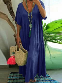 Plus-Size Women's Casual, Loose-Fitting, V-Neck Solid-Color Long Dress; Spring/Summer Pleated Plus-Size Women's Dress