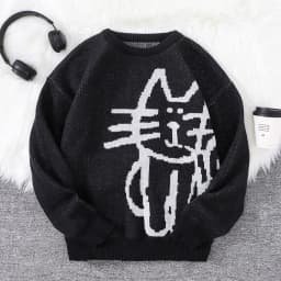 Autumn and Winter Abstract Kitten Jacquard Pattern Pullover Sweater Casual Round Neck Knitted Men's Pullover