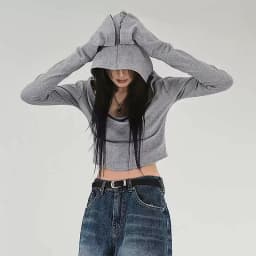 Flare Long-sleeve Hooded Crop Top Women Fall Solid Color Elastic Casual Tee Shirt Pullover Pile Collar Y2k T-shirt