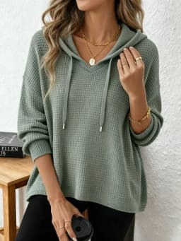 Women's New V Neck Henley Hooded Pullover Sweatshirt Drawstring Long Sleeve Loose Fit Trendy Casual Office Daily Wear Hoodie Top