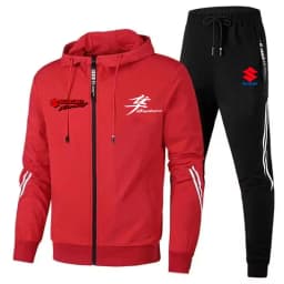 New Suzuki sportswear set for men, featuring a zip-up hooded sweatshirt and pants with Suzuki logo print. Quick delivery.