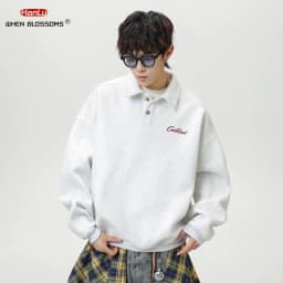 HANGLU 2025 Men's Oversized Collar Sweatshirt Vintage Button Placket Long Sleeve Polo Pullover Loose Fit Streetwear Top