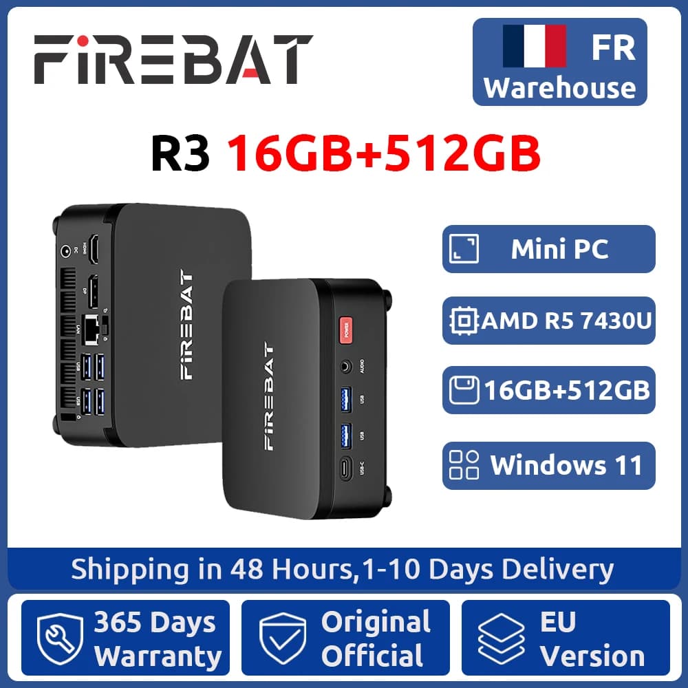 FIREBAT R3 Mini PC New AMD Ryzen 5 7430U 16GB LPDDR4 RAM 512GB SSD Wi-Fi 6 BT5.2 USB 3.0 Window11 Gaming Desktop Mini Computer