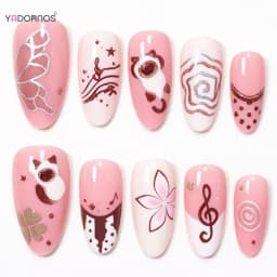 30pcs Sweet Pink Almond False Nails Cartoon Cat Music Note Polka Dot Butterfly Pattern Press On Nails French Style Manicure Art