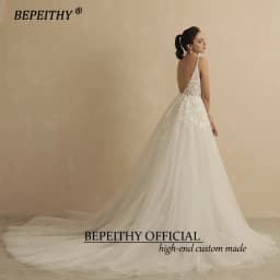 BEPEITHY Customized V Neck Spaghetti Straps A Line Lace Wedding Dresses For Women 2026 Shinny Sleeveless Boho Bridal Party Gown
