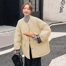 Retro Plaid Patchwork Lightweight Puffer Jacket Autumn Winter Loose Casual Quilted Jacket Female Round Neck Commute Padded Coats