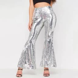 Rave Carnival Flare Pants Women's Glitter Beading Sequins High Waist Boot Cut Pants Sliver Slim Fit Stretchy Nightclub Pants