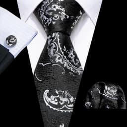 Barry.Wang Black White Gray Silver Men Tie Handkerchief Cufflinks Set Jacquard Necktie for Male Wedding Business Party Gift