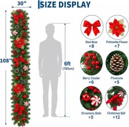 Garvee 9 ft Christmas Garland with 40 LED Lights, 8 Lighting Modes and Timer Plants Garland Wreaths Home Party Decoration Outdoor Yard Pine Tree Rattan Hanging Ornament