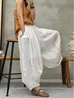 Retro Patchwork Hemp Lantern Pants Women's Summer plus Size Slimming Pumpkin Cotton Linen Multi-Panel Frayed Wide Leg Pants