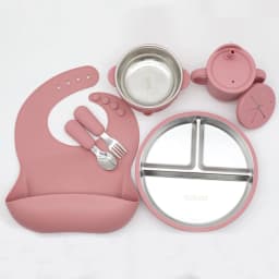 Silicone Stainless Steel Tableware 7-Piece Set, Bib, Plate, Bowl, Stainless Steel Spoon, Fork, Multifunctional Water Cup Set