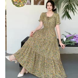 Summer New Cotton Silk Floral Print Maxi Dr ort Sve Beachwear High Waist Young Women's Large Skirt Swing Dr