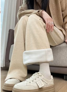 Thickened Woolen Straight Leg Pants Women's High Waist Wide Leg Trousers Autumn Winter Casual Pants Pocket Design Cotton Blend