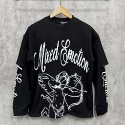 Mixed Emotion Angel Print Splicing Long Sleeves T Shirt Men Women Classic Letters Logo Rhinestone T-Shirts Long Sleeve