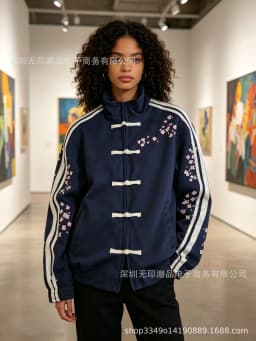 Sakura Floral Print Chinese Frog Button Jacket Women Stand Collar Side Striped Retro Track Coat Harajuku Streetwear Outerwear
