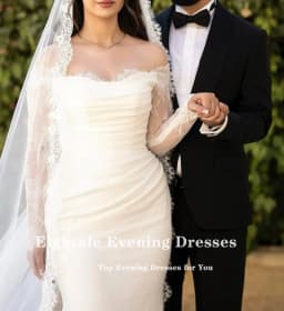 Eightale Boho Wedding Dress off Shoulder Customized Appliques Lace Mermaid Long Sleeves Pleats Satin Bridal Gown Robe De Mariée