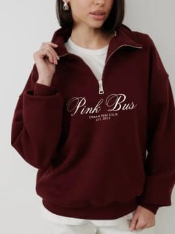 European Stylish Wine Red Sweater Zip Turn-down Collar Sweatshirt Retro Oversize Pullover Autumn Large Size Leisure Women Tops