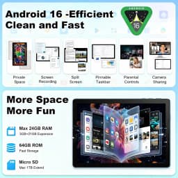KB1001L 10.1 Inch Android 16 Tablet, Max 24GB(3GB+21GB) RAM 64GB ROM, A333 5-Core CPU, HD IPS Touch Screen 800*1280, 6000mAh Battery, 5MP+8MP Dual Camera, WiFi 6, Widevine L1, Face Unlock, Type-C, 1TB Expandable Storage,France Local Warehouse Fast Delive