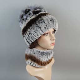 Real Rex Rabbit Fur Hat And Scarf Set Women Winter Knitted Beanie Hat Natural Fur Skullies Beanies Woman Hat Female Cap Elastic