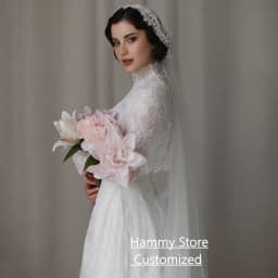 Saudi Arabian Pearls Lace Wedding Dress Customized High Neck Full Sleeves Court Train A Line vestidos de novia Bridal Gown