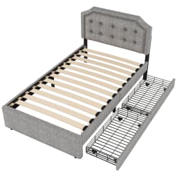 90x200cm Flat Upholstered Bed with Upholstered Nightstand Decorative Rivets&Double Drawers Bedroom Furniture for Small Spaces
