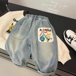 2026 Spring Autumn Kid Boys Denim Pants Side Pocket Polished White Children Boys Pants Elastic Waist Casual Baby Boys Trousers