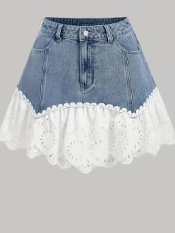 2026 New Women's Summer High Waist Denim Patchwork Lace Eyelet Ruffle Hem Mini Skirt Cute Y2K Streetwear A-Line Skirt