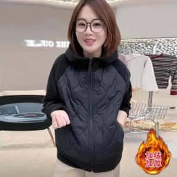 Korean Style Women's Fleece Lined Hooded Jacket Patchwork Cotton Insert Warmth Anti Aging Top for Autumn Winter Commute