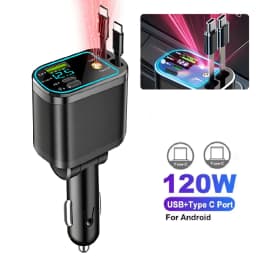 5 In 1 Car Charger 66W Max with Retractable Cable PD30W+2.4A Voltage Display Super Fast Charging 22.5W for iPhone & Android