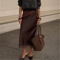 hirigin Elegant Lady Elastic Waist Silky Lace Trim Midi Skirt Women Satin Lace Long Skirt Y2k Half Slip Maxi Skirts Under Dress