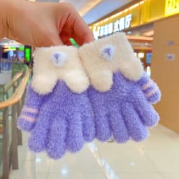3-6 Years Winter Fuzzy Plush Gloves 3D Plush Animal Ears Color‑Block Windproof Warm Full Finger Gloves For Toddler Boys Girls