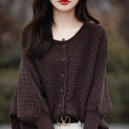 Women's 100% Cotton Sweater Round Collar Bat Sleeve Cardigan Autumn Winter Checkerboard Grid Warm Jacket Casual Knit Basic Tops