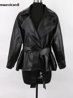 Mauroicardi Spring Short Fitted Brown Soft Lightweight Pu Leather Jacket Women Raglan Sleeve Sashes Black Fall Clothes 2025